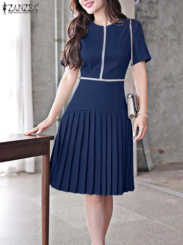 Imagen 2 del producto ZANZEA-Vestido plisado para mujer, Vestido veraniego elegante, moda 2021, cuello redondo, corte en A, Vestido de fiesta, Color sólido, informal, suelto, hasta la rodilla