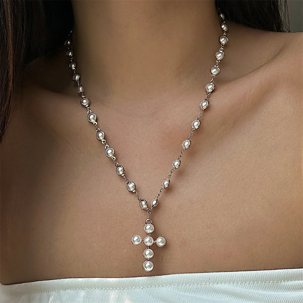 Imitation pearl Cross Pendant Necklace for Women Trendy Simple Long Necklace Sweater Chain Necklace Holiday Party Festival Gift