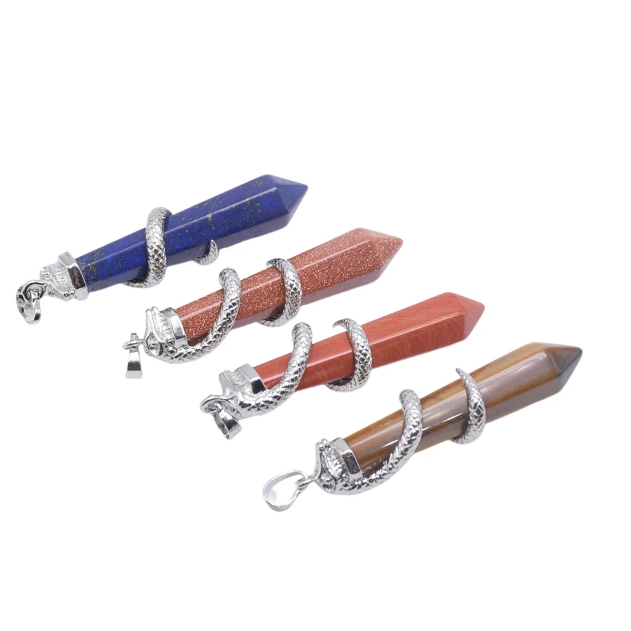 Silver Plated snake Charms Hexagonal Point Pendant Natural Amethysts Pink Crystal Black Onyx Red Stone Long Necklace Pendants