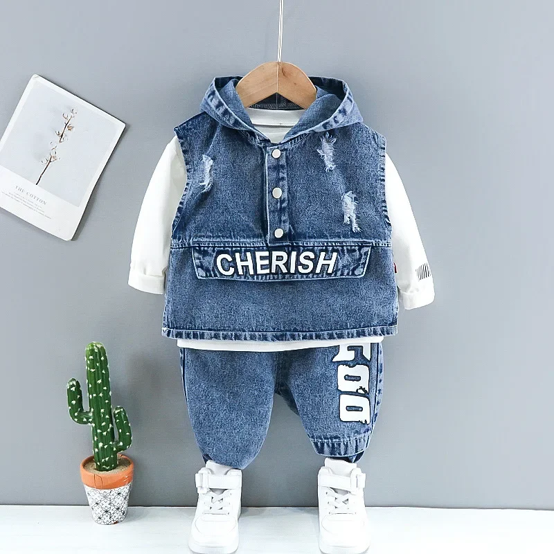 Fashion Spring Autumn Three Piece Suit Casual Baby Boys Letter Clothes Kid Longsleeve Top Hodies Jeans Vest Coat Denim Pant Suit