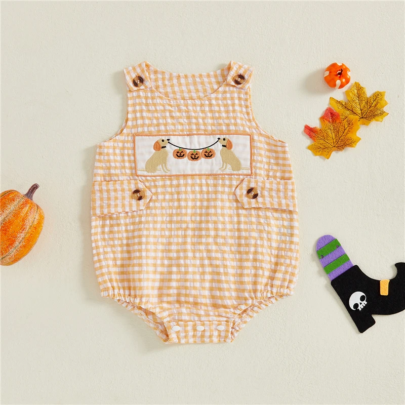 

Детская одежда, комбинезон без рукавов для мальчиков и девочек, клетчатый комбинезон с вышивкой собаки и тыквой для маленьких девочек, комбинезон на Хэллоуин, детский комбинезон, одежда для малышей