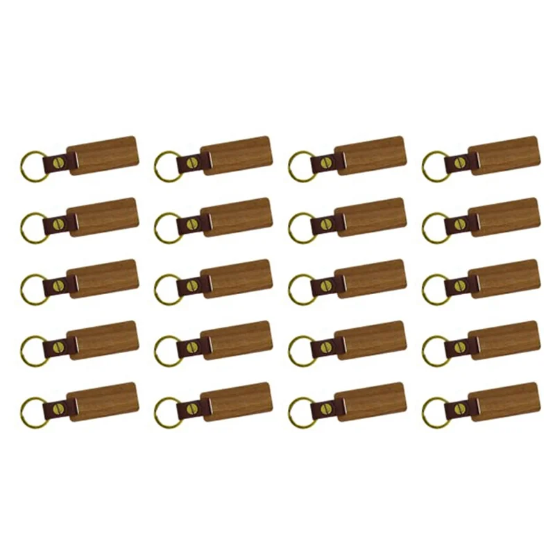 20 PCS Unfinished Wood Keychain Blanks Rectangle Leather Keychain Blank Wooden Walnut with Keyring for DIY