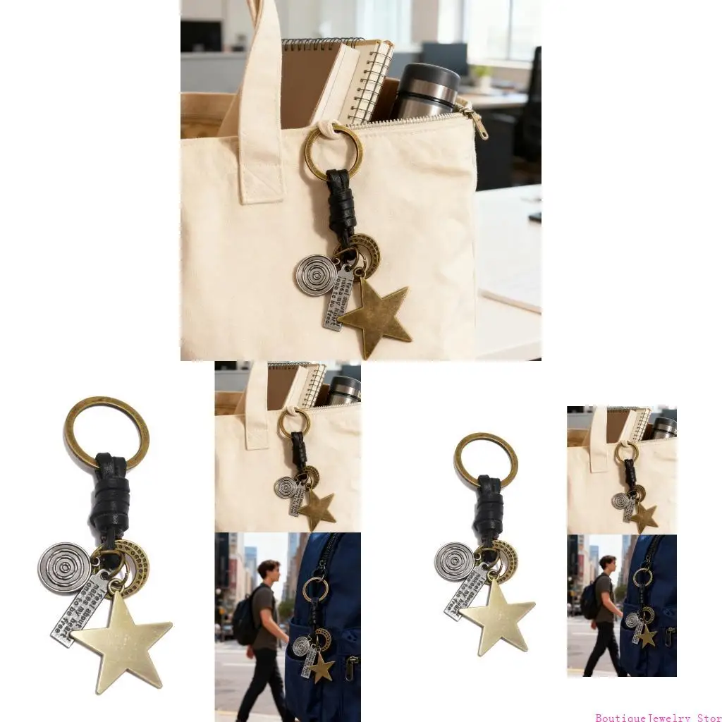E1PE Schlüsselanhänger mit Stern-Anhänger, Retro-Stil, Leder-Schlüsselanhänger für Männer, robustes Metall-Autozubehör, Geschenk