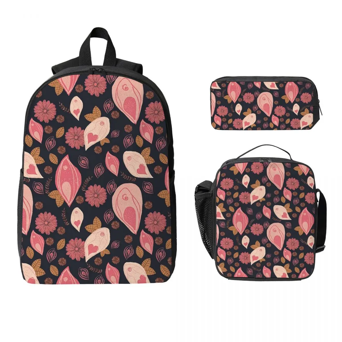 

Vulva Flower Pattern Backpack Student Boys Girls BookBag School Bag Laptop Shoulder Bags 3ps Insulated Lunch Bag Pencil Case