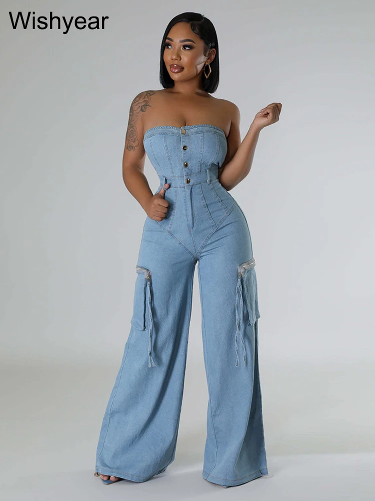 

Autumn Blue Cargo Jeans Pocket Off Shoulder Rompers Woman Streetwear Strapless Denim Wide Leg Overalls One Pieces Jumpsuits 2025