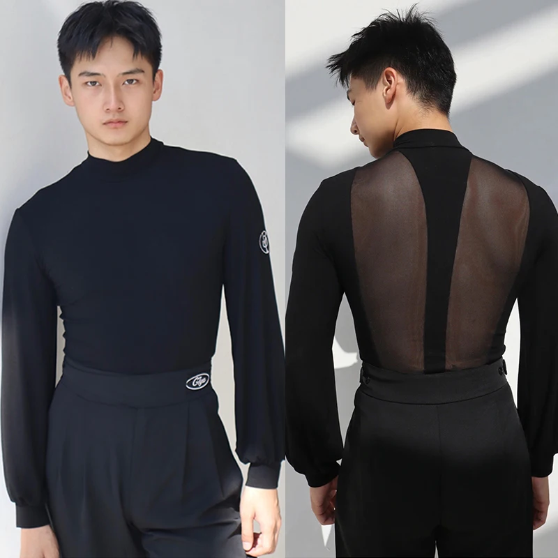 

Мужские черные топы с длинными рукавами и сетчатой спиной, мужская одежда для бальных танцев, тренировочная одежда, одежда для латинских танцев