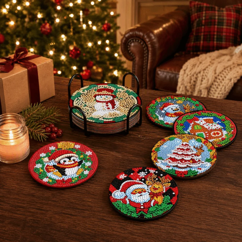 8Pcs with Metal Stand DIY Painting Coasters Entry-level Simple Round Art Coasters Table Protector Handmade Diamond Coaster Kit