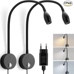 Topoch 2x Lighted Wall Decor Plug in/USB Cord Surface Mount Sconces for Bed Headboard Reading 3 Colors Touch Control Book Lamps
