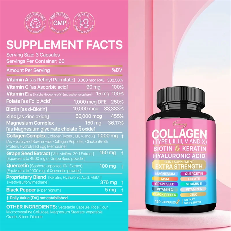 Collagen Supplement (Types I, II, III, V and X), Biotin, Keratin, Hyaluronic Acid, MSM - Skin, Nails & Joint Health, Anti-Aging