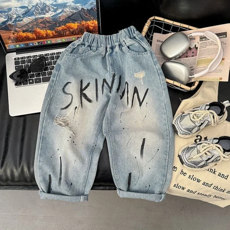 Boys Ripped Jeans Spring 2026 Graffiti Letter Print Distressed Denim Pants Fashion Trendy Thin Trousers Kids Casual Bottoms