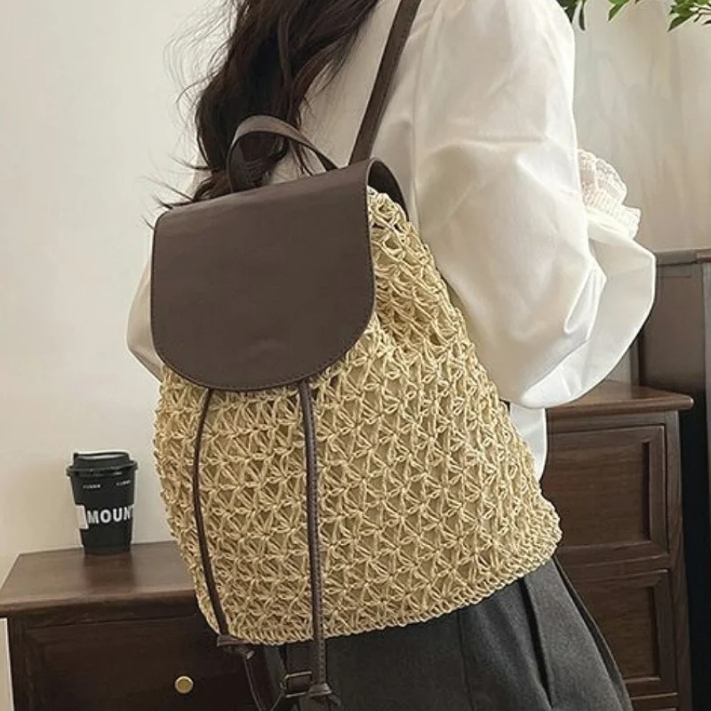 Women's Straw Backpack Summer Boho Bohemian Hollow Shoulder Bag Hobo Crochet Woven Travel Bags for Women Knitted Beach Back Pack