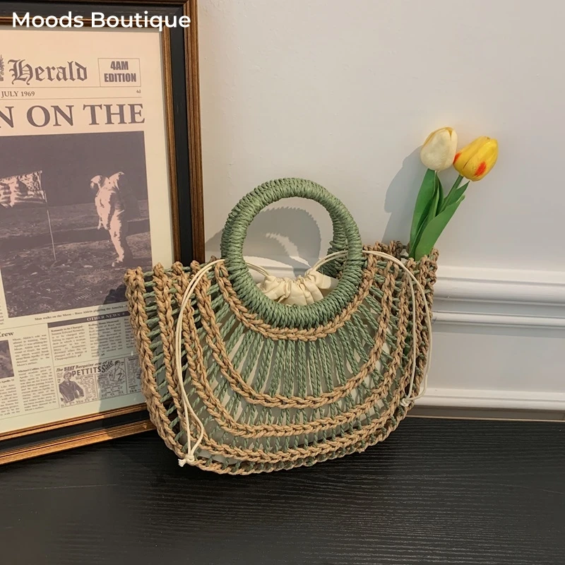 

2026 Summer Latest Handmade Straw Woven Top-handle Bags For Women 2-IN-1 Hollow-out Beach Bag Set Boho Designer Handbags Luxury