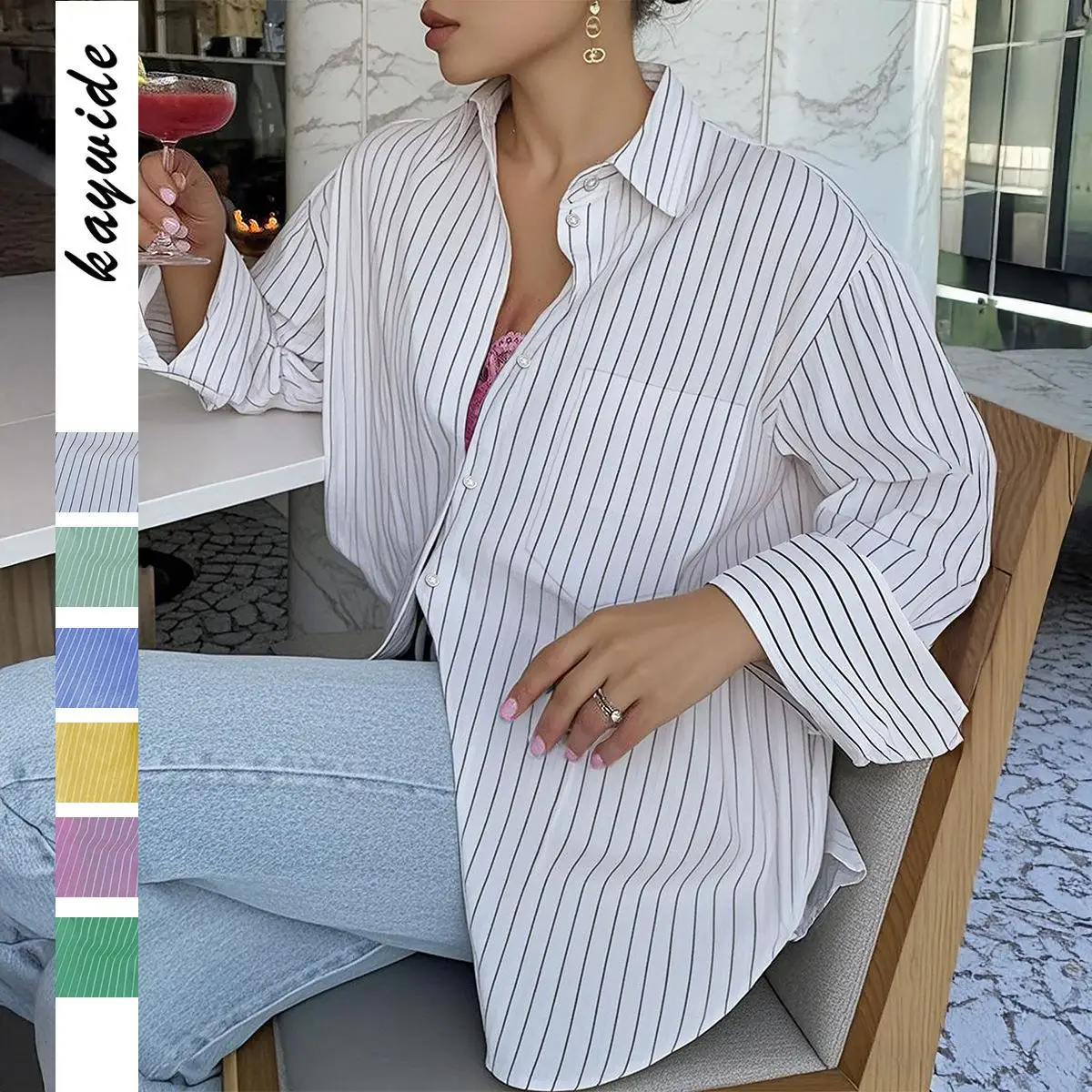 

Summer 2025 Striped Long Sve Women's irt Loose Fit Polyester Material round Ne Mid-Length Other Material 00% Open Car...