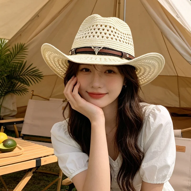 

Knight Hat American Retro Straw Weaving Cowboy Straw Hat Cow Head Summer Hollow Western Panama Hat Sunshade Hat