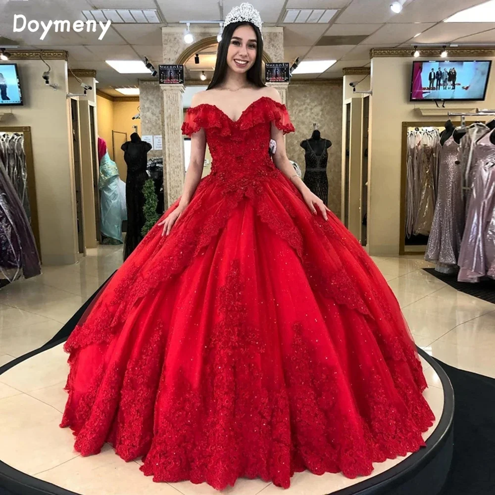 Doymeny Off Shoulder Quinceanera Dresses Appliques Beaded Tulle Floor Length Sweet 16 Dress vestidos de 15 quinceañera