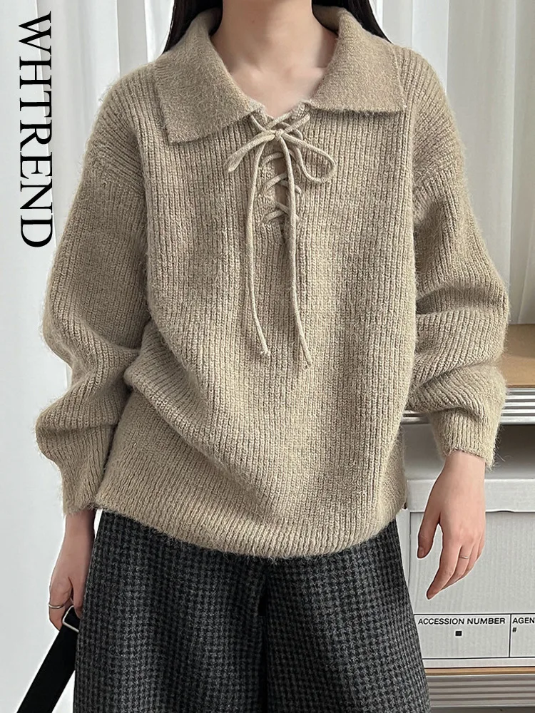 

WHTREND мягкий шерстяной вязаный свитер с отложным воротником и галстуком для женщин, новый осенне-зимний шикарный пуловер в корейском стиле WH1923