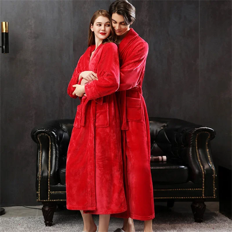 Thicken Flannel Couple Wedding Robe Red Bridegroom Bride Sleepwear Long Bathrobe Autumn Winter Coral Fleece Homewear Lounge Wear