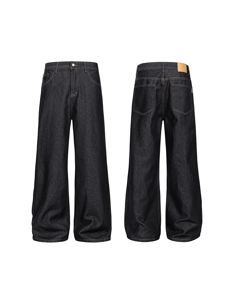 

Retro American High Street Loose Straight Leg Black Denim Jeans Men's Casual Long Trousers Vintage High Waist Zipper Closure