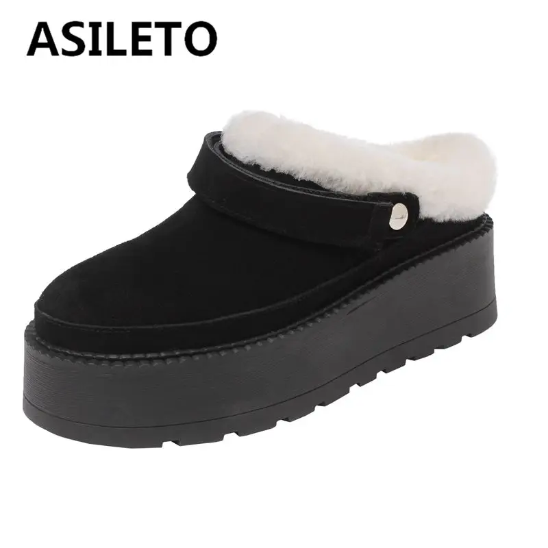 

ASILETO Cow Female Thicken Platform Plush Fur Slippers Winter Slip On Chunky Platform Loafers Mules Women Outdoor Shoes