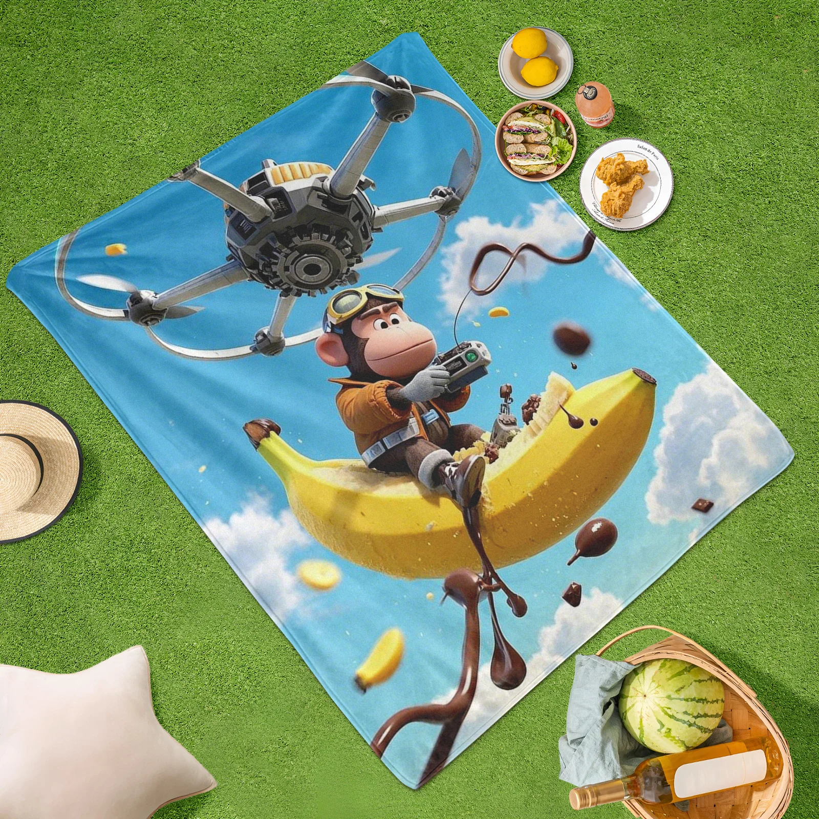 Cobertor caprichoso de tecnologia de drone banana para piqueniques brincalos e diversão futurista ao ar livre com uma torção peculiar