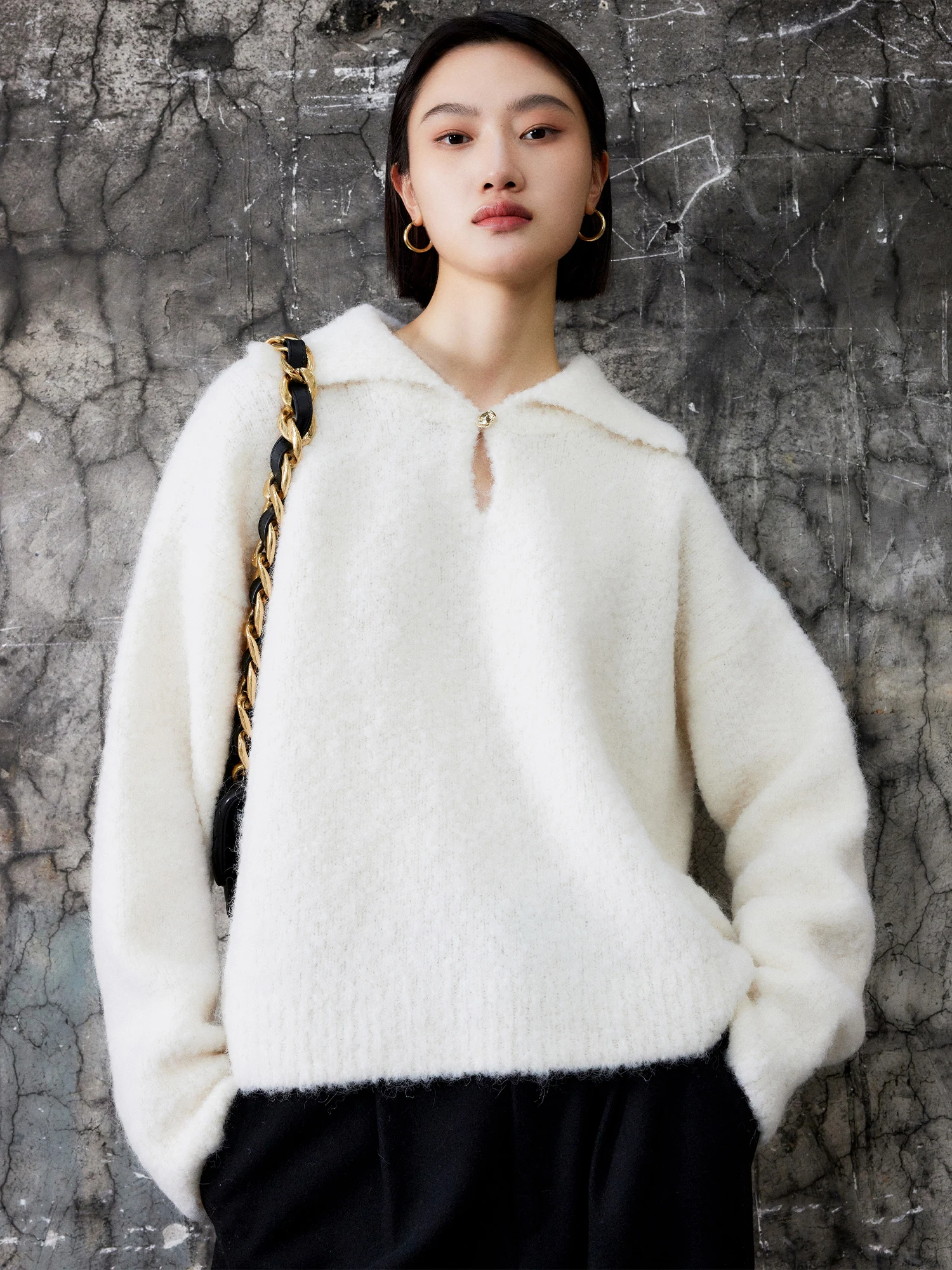 

MRS Studios Commute Sle V-Ne Sweater Woolen Knitted Long Sve Loose Fit Aosphere Feeling Gold Bule Lazy Turn Collar