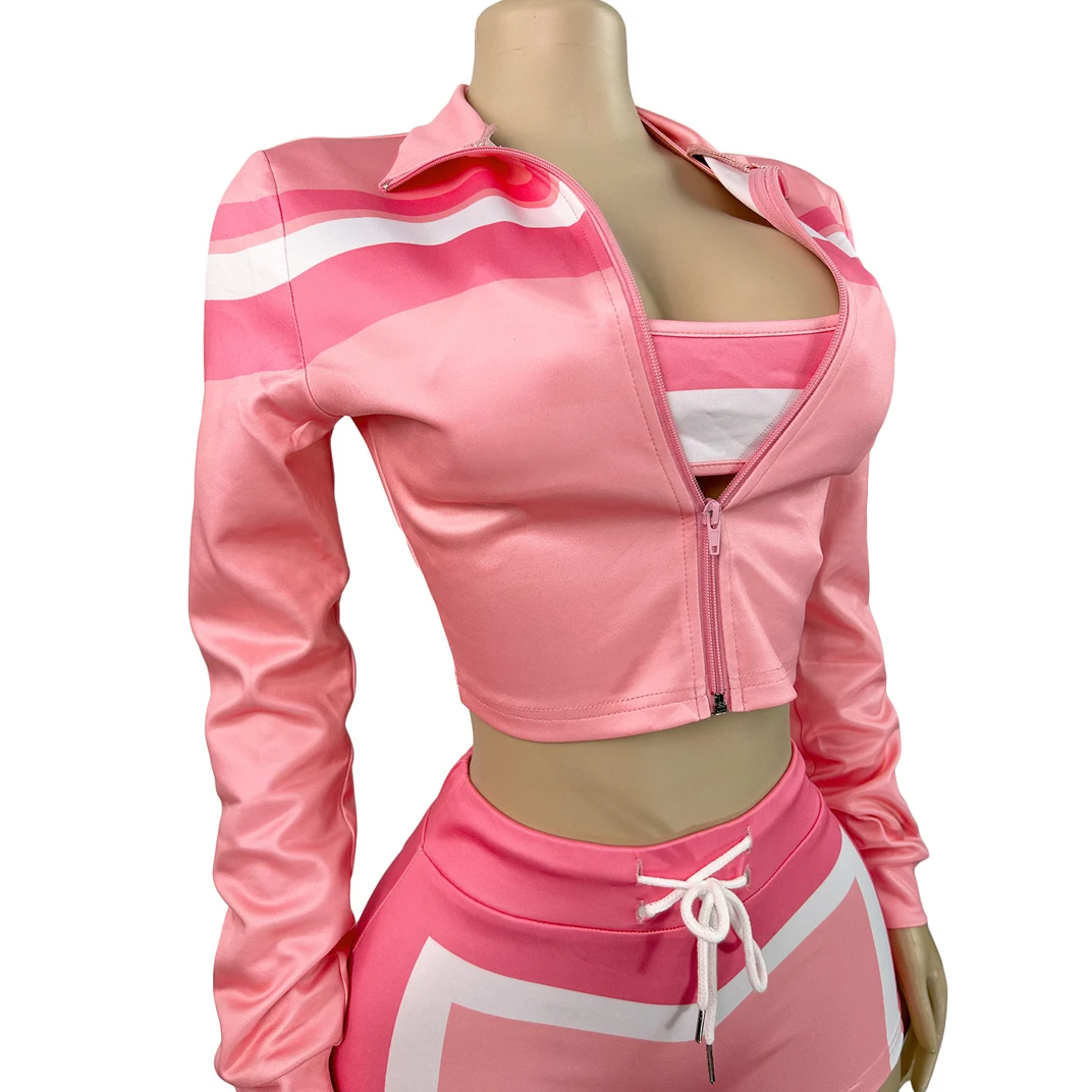 FAGADOER Sexy 3 Pieces Set for Woman Color Block Sweatshirt Jacket Top +Bra +Shorts Matching Tracksuit Streetwear Summer New