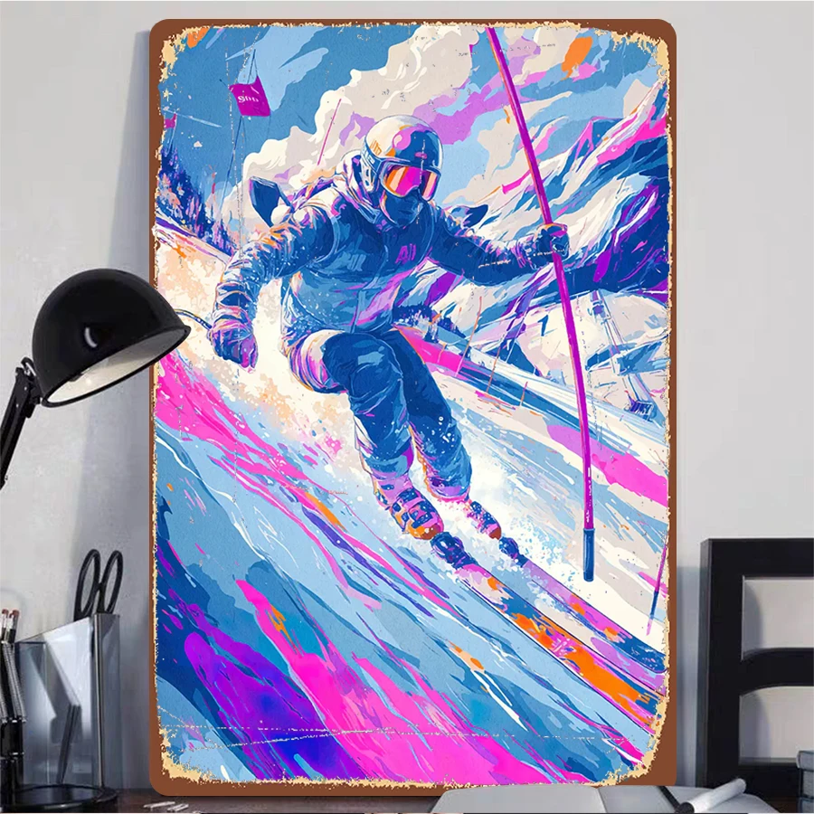 Dynamic Skiing Sports Metal Wall Art Modern Home Decor Nordic Style Iron Painting Living Room Bedroom Hanging Decoration