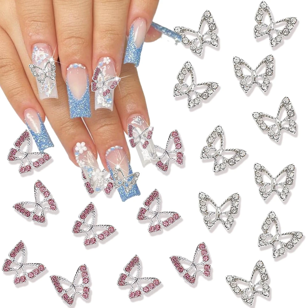 10 Stück Schmetterling Nail Art Charms 3D-Legierung Luxus rosa Diamant Edelstein Schmetterling Nagel Strass Kawaii DIY Nagel Zubehör