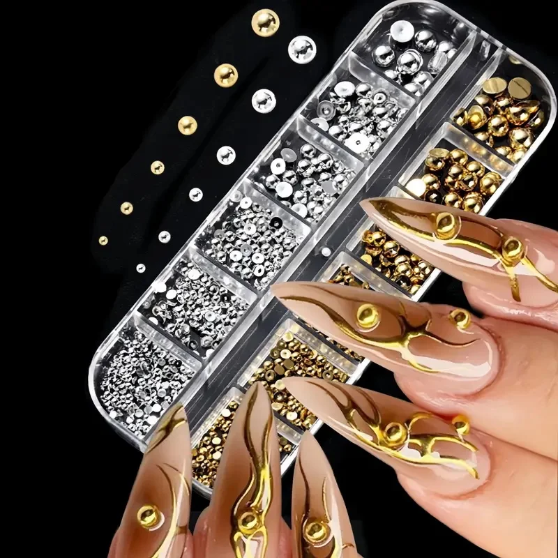 12グリッド3DパンクスタイルパールセミボールネイルアートデコレーションシルバーゴールドミックスサイズジュエリーネイルアクセサリーシャイニーDIYネイルジュエリー