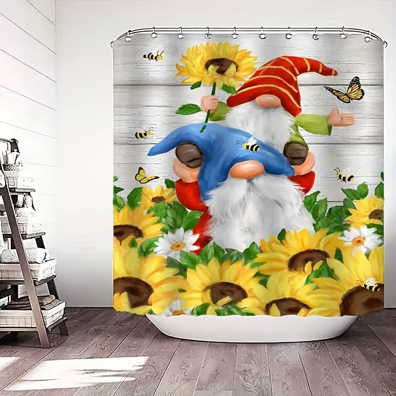 1pc Sunflower Dwarf Shower Curtain - Anti-Fog Bathroom Curtain with Hooks, Whimsical Fantasy Design Featuring Cheerful Dwarfs, S