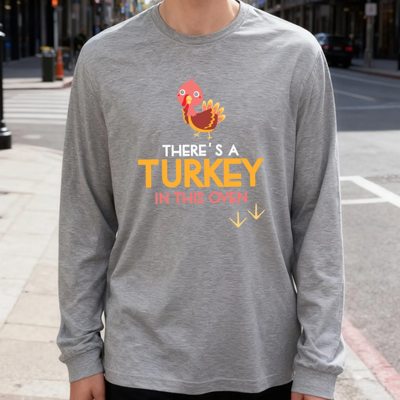 There's a Turkey in This Oven Men's Long Sleeve T-Shirt 180g 100% Cotton Printed Crew Neck Casual Daily Wear Soft and Breathable