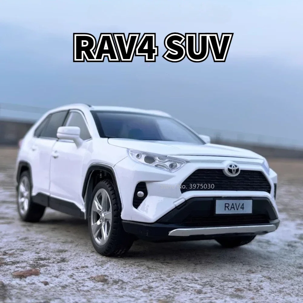 1/24 Scale Alloy Car Model Toy Toyota RAV4 SUV Diecast Miniature Off Road Sound Light Pull Back Vehicle for Boys Decoration Toys