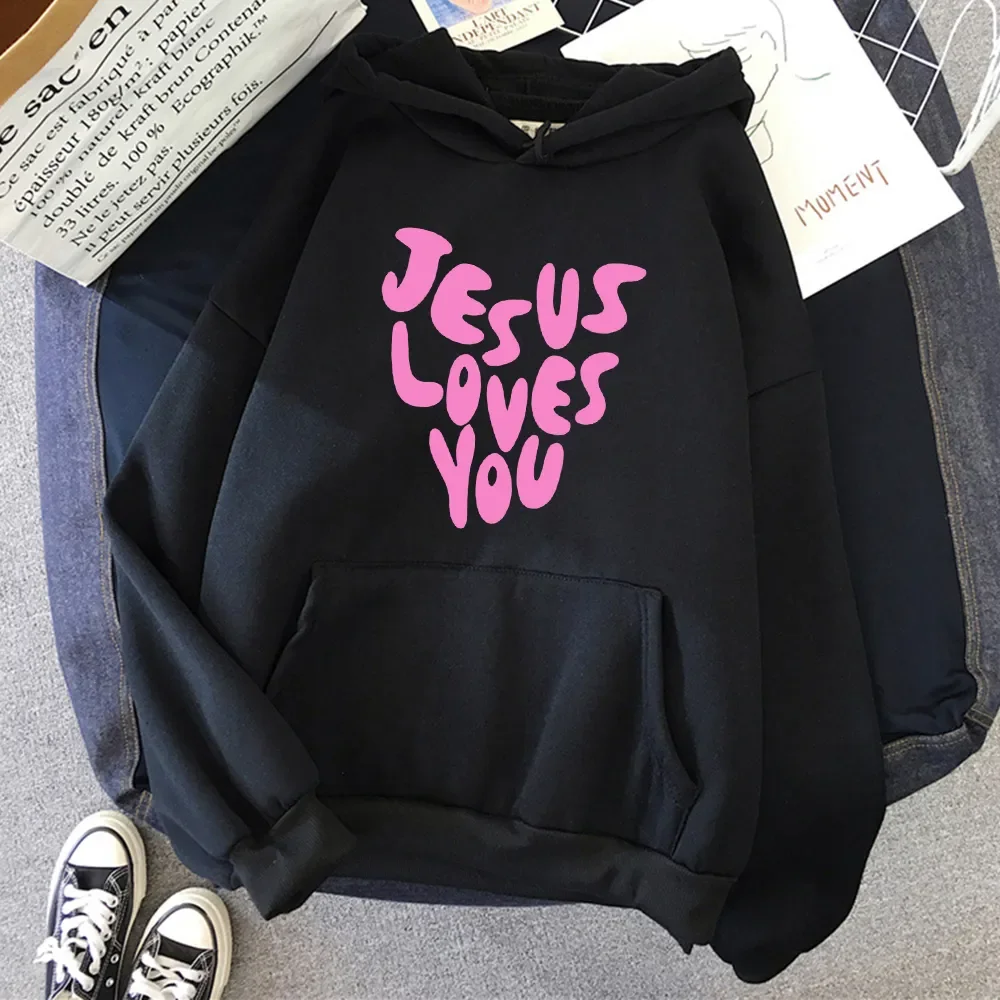 Jesus Loves Me Letter Funny Prints Hoodies Women Autumn Warm Sweatshirt Fleece All-Match Clothes Pocket Oversized Hoody