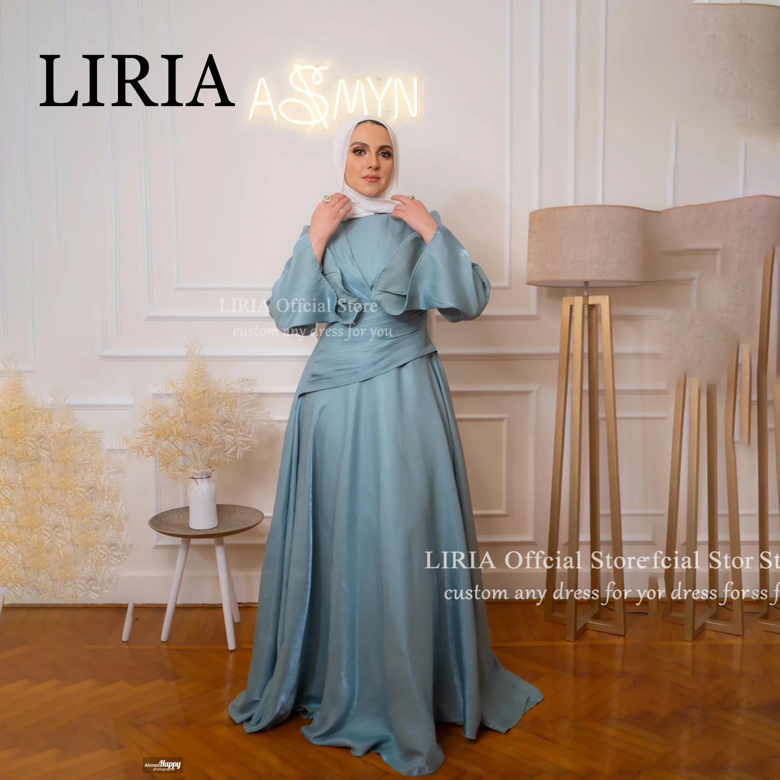 LIRIA Blue Modest Satin Evening Gown with Hijab Long Sleeve Customsed For Woman Made Formal Dress for Muslim Wedding Party 