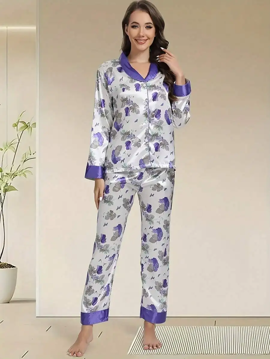 

Womens Satin Floral Pajama Set V-Neck Long Sleeve Button Front Home Sleepwear
