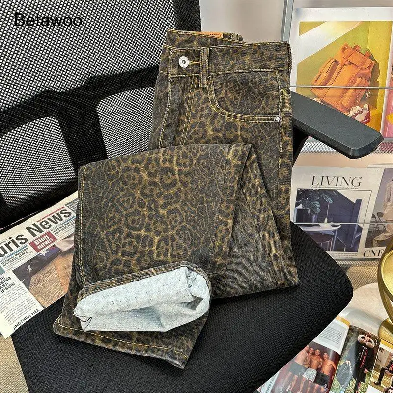 Womens High Waist Leopard Print Wide Leg Jeans Casual Baggy Denim Pants with Pockets for Streetwear