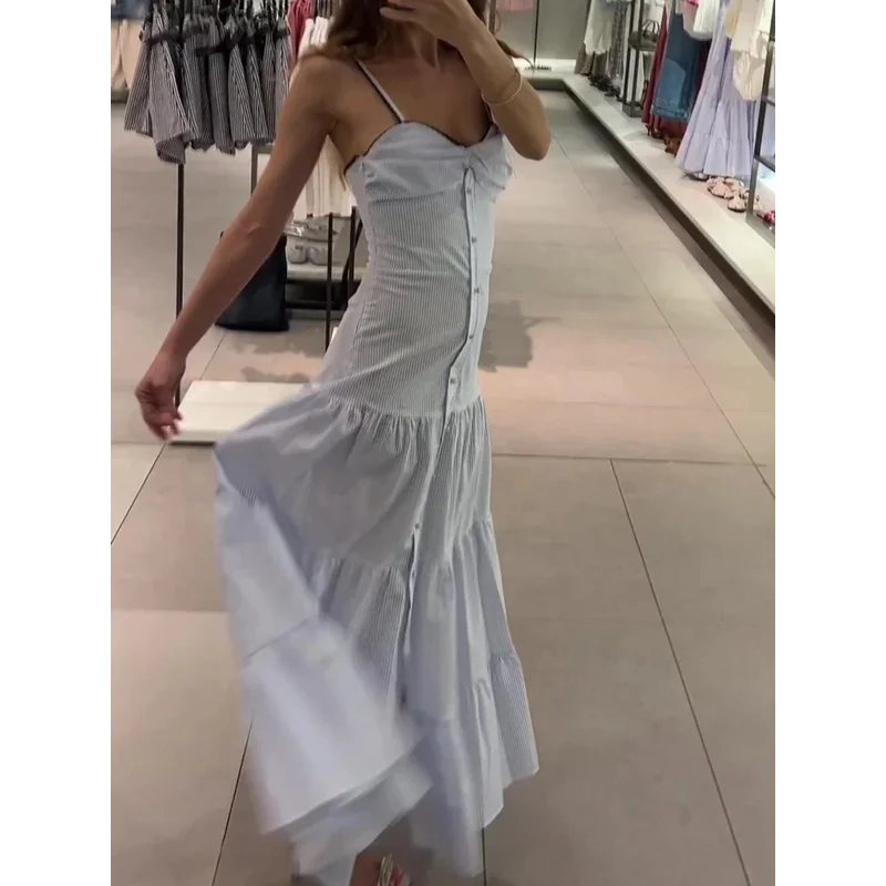 Elegante listrado em camadas babados suspender vestido com decote em v sem mangas sem costas a linha verão robe para mulher 2025 senhoras moda