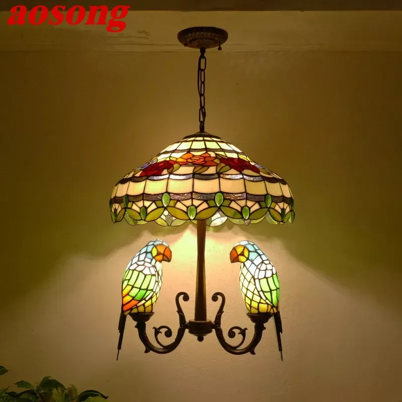 AOSONG Tiffany Parrot Chandelier Vintage Creative Color Glass Living Room restaurant Bedroom Hotel Corridor Pendant Lamp