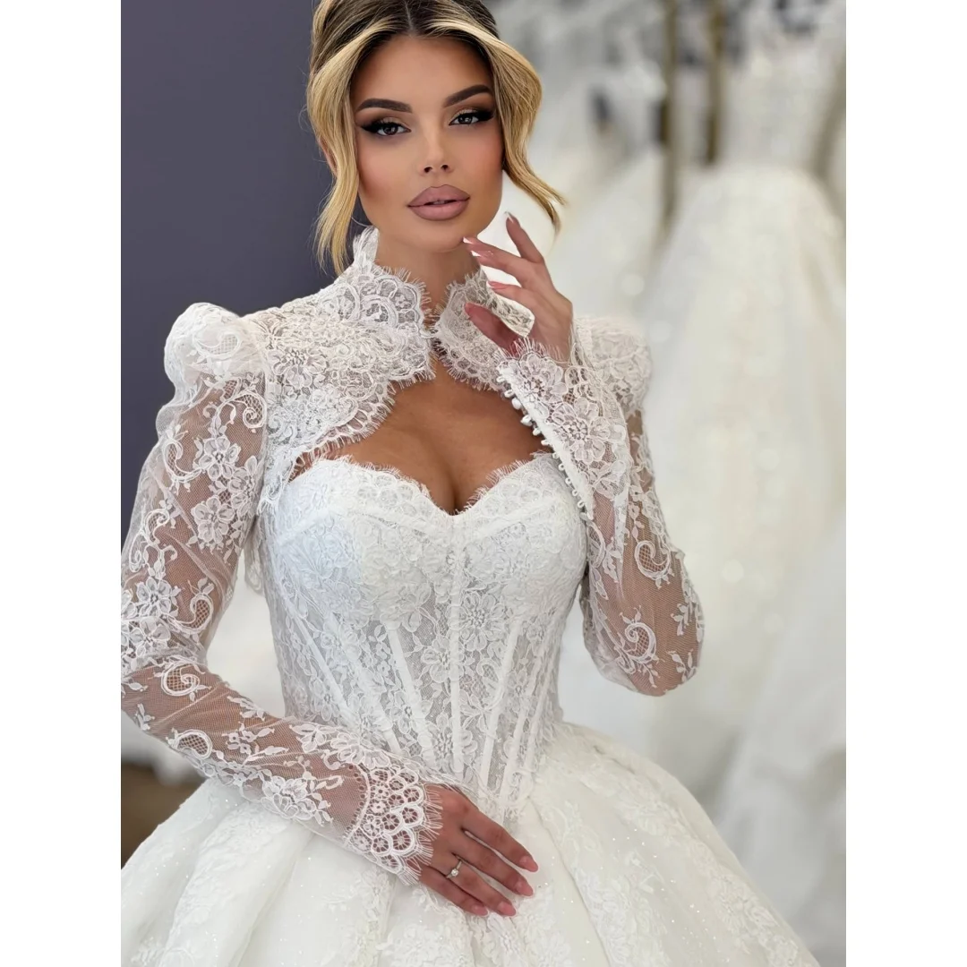 Tokyo Glitter Fabric Ball Gown Wedding Dress Cathedral Train Corset vestidos de noche Lace Embroidery Long Sleeve Formal Evening