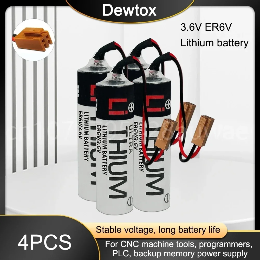 

4PCS Original ER6V 3.6V 2000mAh Lithium Batteries with Brown Plug Connectors for CNC Machine Tools PLC Battery