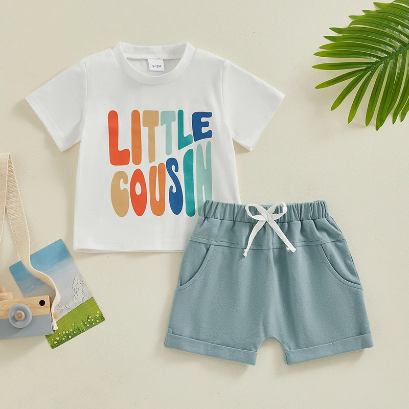 Infant Boy Casual Set with Round Neck Letter Print Tee and Elastic Folded Hem Shorts Toddler Baby 2 Piece Summer Outfit