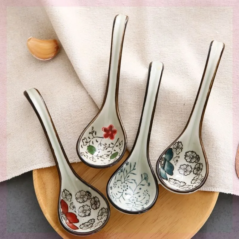 Antique Ceramic Spoons Set - 4 Teaspoons/Table Spoons - Udon Spoons - Mixed Color