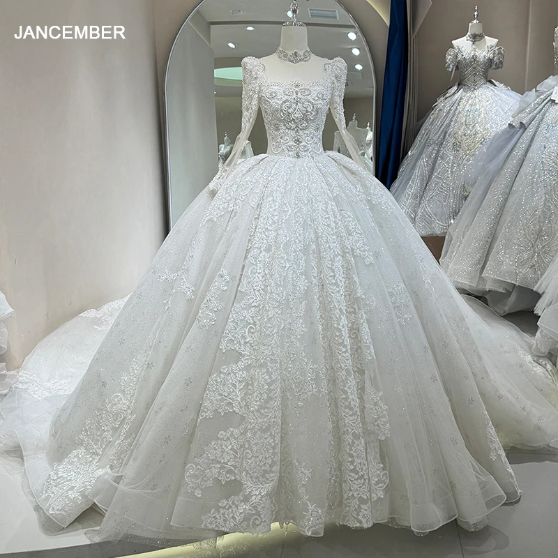 Customized Wedding Dresses Square Collar Sequins Lace Bridal Ball Gowns Long Sleeves Princess Bride Dress Vestidos De Novia