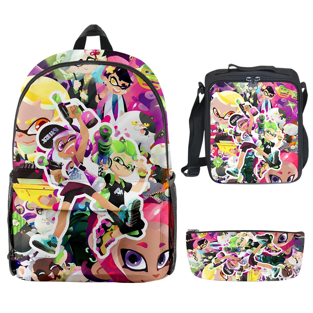 Luxury Novelty Cool Splatoon 3 3D พิมพ์ 3 ชิ้น/เซ็ตนักเรียนโรงเรียนกระเป๋าแล็ปท็อป Daypack กระเป๋าเป้สะพายหลัง Crossbody ถุงอาหารกลางวันดินสอกรณี