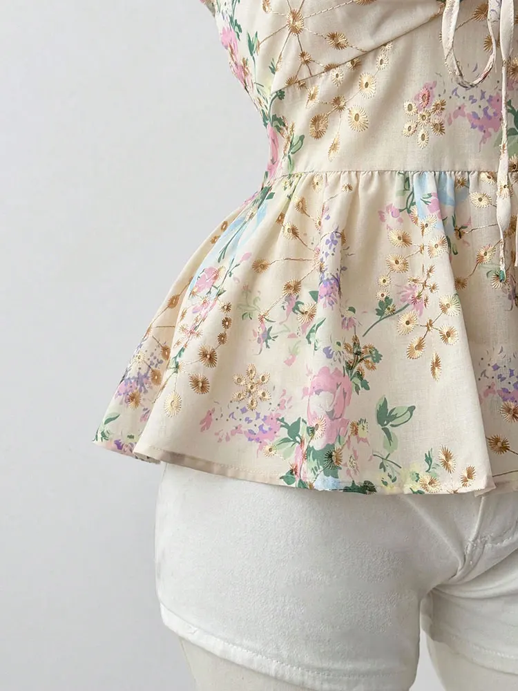 New Embroidery Floral Plus Size Short Corset Waist Ruffle Flutter Sleeve Vest Top Square Neck Drawstring Tie Beige Women Clothes view 5