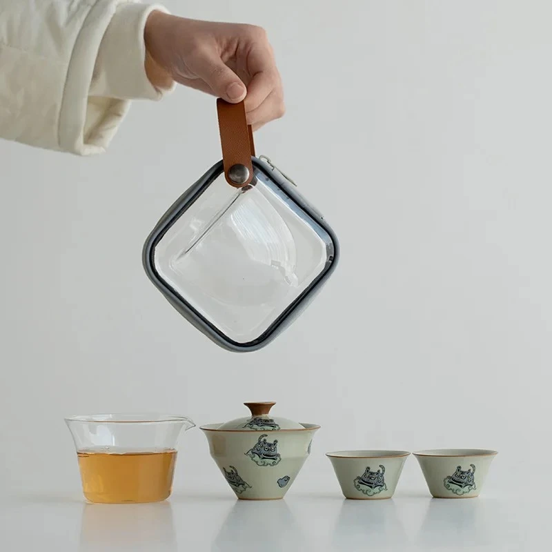 

Как тигр с крыльями, стеклянный дорожный чайный сервиз, набор для приготовления чая на открытом воздухе, портативная керамическая чашка с тигром, быстрая чашка клиента, 1 горшок, 2 чашки, подарки