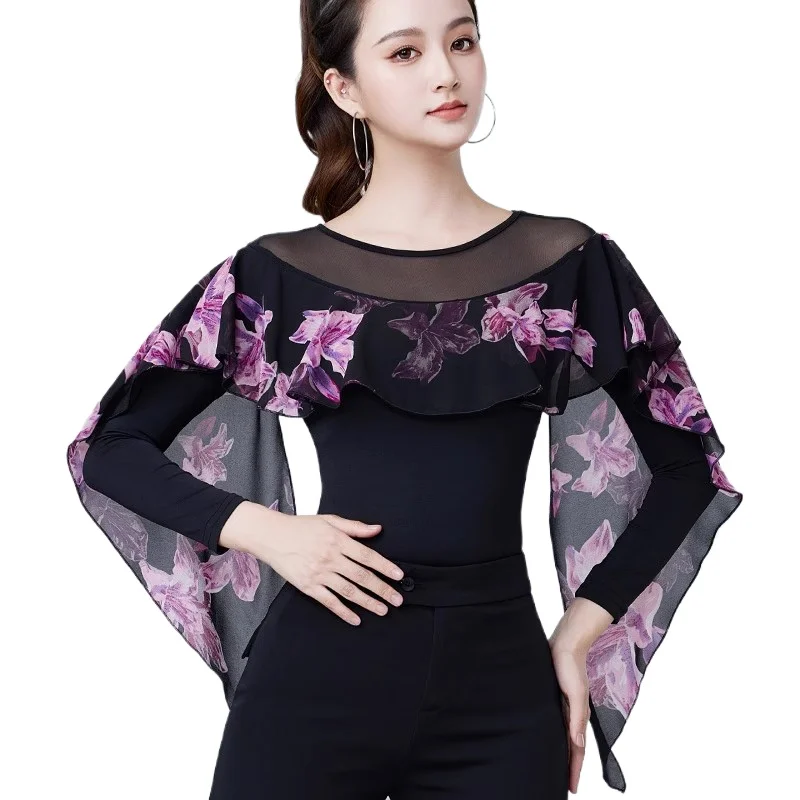 Roupas de dança latina finas e modernas, roupas de prática para mulheres, novo padrão nacional, roupas de dança de salão, mangas compridas