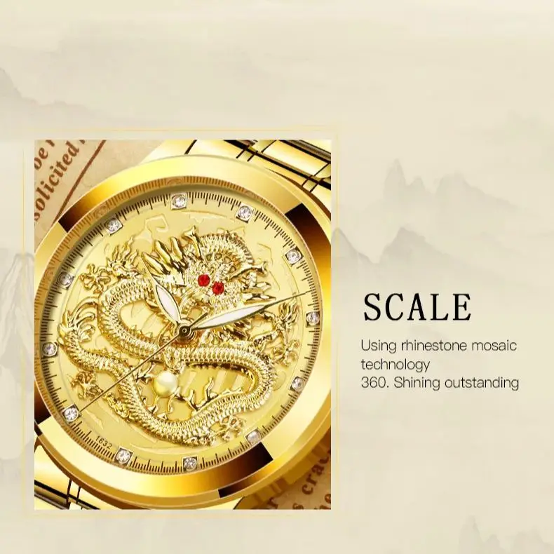 OPK 8111 Luxury Gold Relief Diamond Golden Dragon Men\'s Watch Waterproof Stainless Steel Watch Brand Business Quartz Men\'s Watch