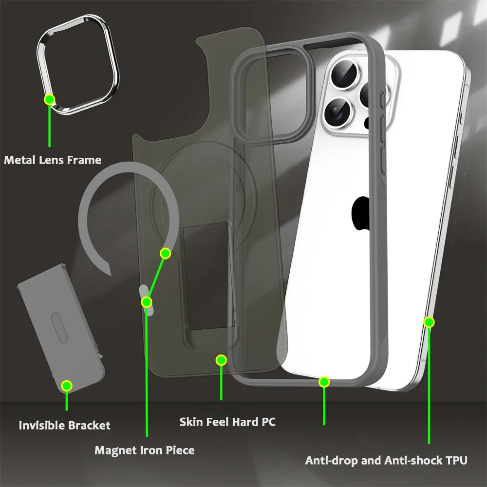 Luxury For Magsafe Folding Stand Magnetic Phone Case For iPhone 16 15 14 Plus 13 12 11 Pro Max Matte Translucent Back Cover Caps