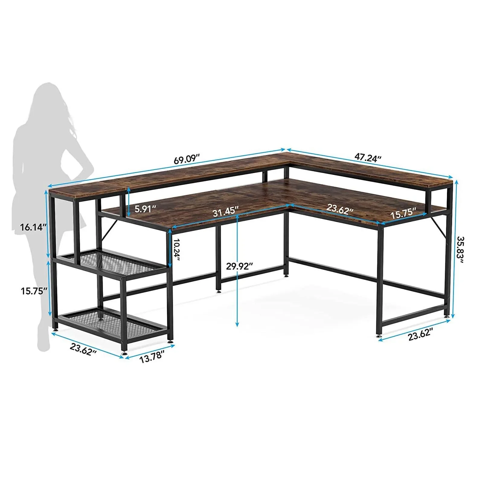 -Large L Shape Modern Wood And Steel Frame Home Office Computer Desk Writing Study Desk With Storage Rack